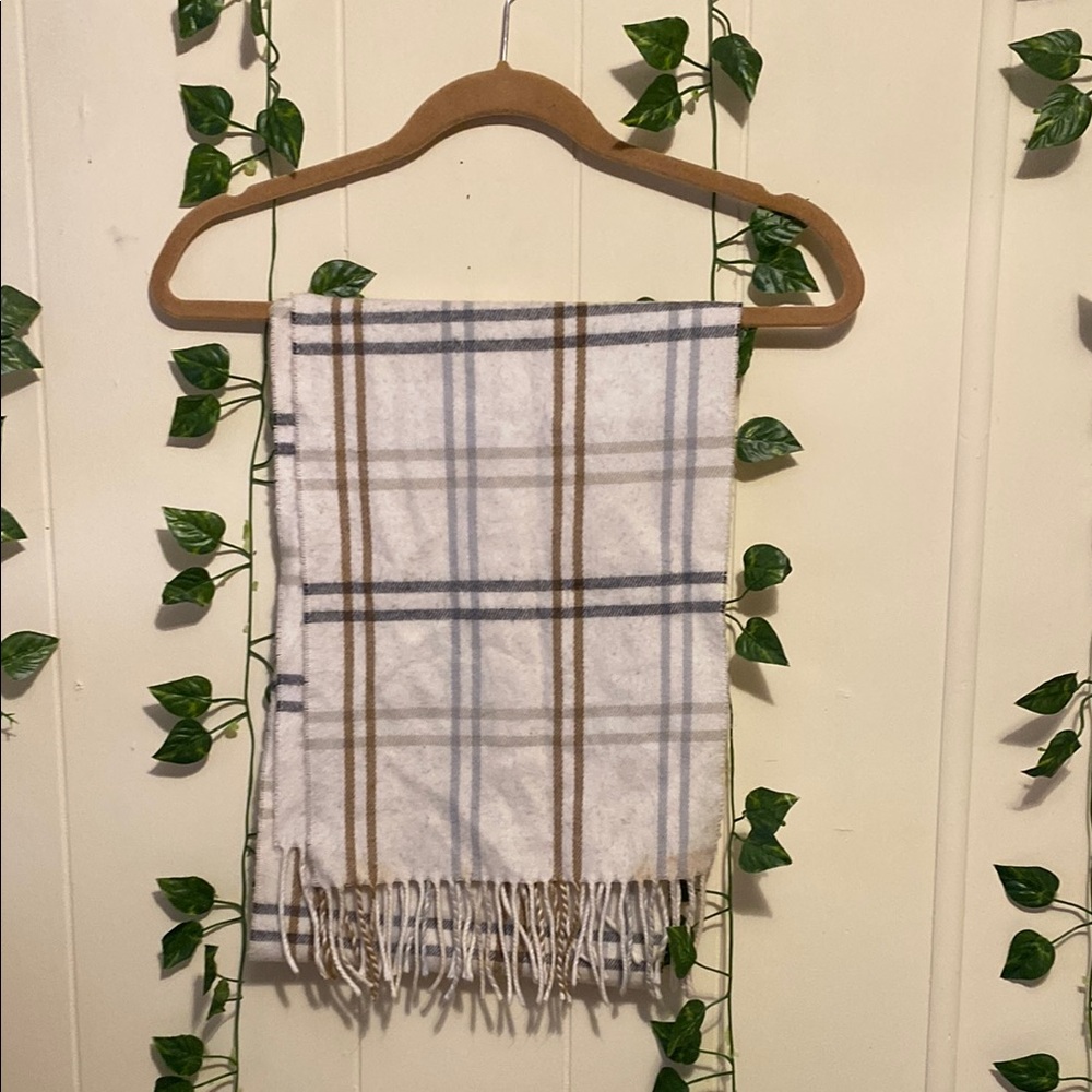 Plaid Fringe Scarf in White and Brown